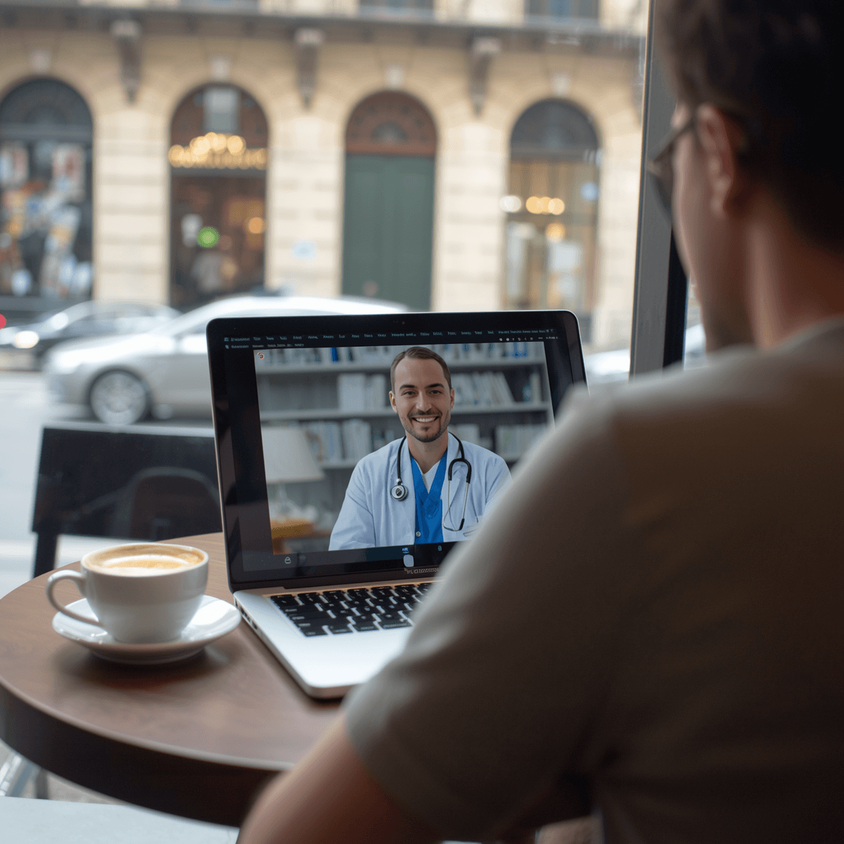 Digital nomad having a video consultation with a doctor from a cafe