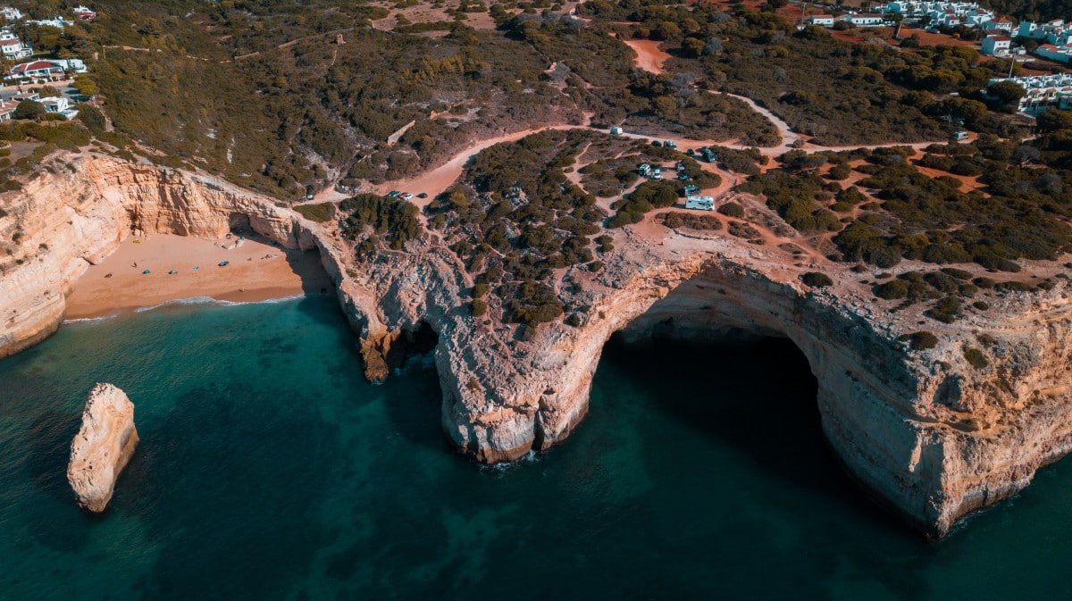 Algarve golden cliffs and turquoise sea Portugal
